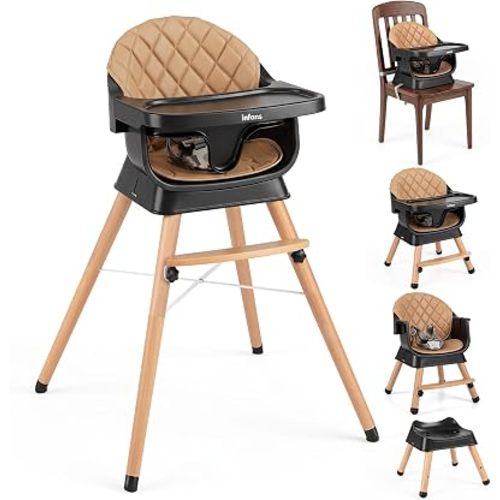 INFANS Baby High Chair, 6 in 1 Wooden Convertible Highchair for Babies and Toddlers, Infant Dining Booster Seat Kids Stool with Adjustable Removable Tray (Coffee)