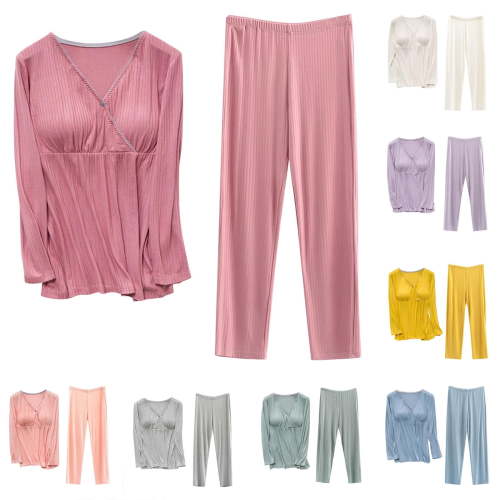 QNANSPI Maternity Lounge Set, Maternity Nursing Pajama Sets, Maternity Nursing Crewneck Long Sleeve Solid Top and Pants Set Super Stretch for Postpartum Daily Wear