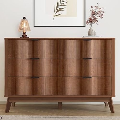 Fluted Dresser for Bedroom,49.6'' Modern Wooden Walnut Dresser with 6 Drawers, Bedroom Dressers, Natural Wood Chest of Drawers for Living Room, Hallway (Walnut)