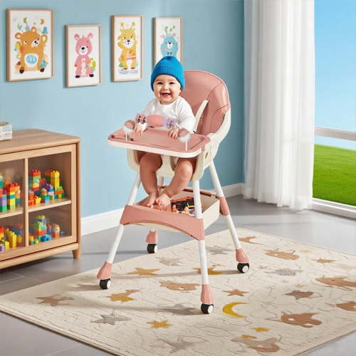 Wintline Portable High Chair,High Chairs for Babies and Toddlers,Multi-Use Easy Clean Baby High Chair with Lock Wheels, Comfortable Feeding and Place The Toy Storage Basket,Pink