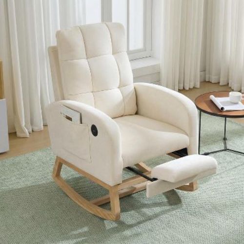 Nursery Glider Rocker Recliner Chair with Ottoman and Built-in USB Port, Storage Pocket in Linen Beige Fabric and Natural Wood Legs