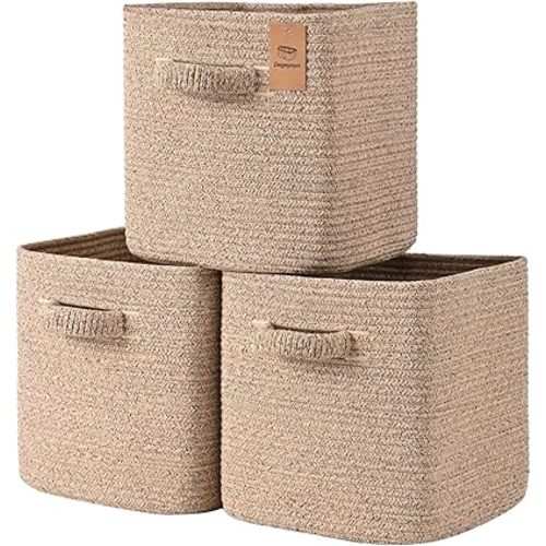 13 Inch Storage Cubes, 3 Pack Cube Storage Bins for Organizing, Cotton Rope Woven Baskets for Shelves, Bathroom, Kids Room, Closets, Baby Nursery