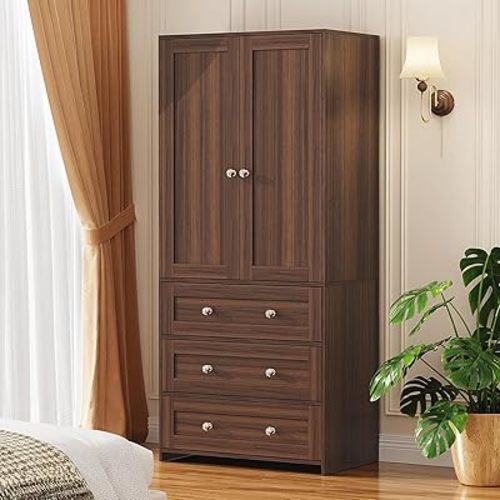 VOWNER Armoire Wardrobe Closet with Drawers and Mirror, 71" Clothing Storage Cabinet with Hanging Rod, 2 Doors Wooden Wardrobe Cabinet for Bedroom, Large Capacity Storage