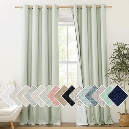 NICETOWN 100% Blackout Sage Green Linen Cold Blocking Curtains 90 inches Length with Thermal Insulated Liners, 2 Panels, 52 inches W, Farmhouse Style Room Warming Small Window Drapes for Dining Room