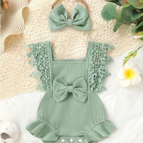 2pcs Set Casual Elegant Sweet Cute Baby Girl Bodysuit, Soft Breathable Solid Color Hollow Lace Tassel Trim Dress Bodysuit And Headband Set | SHEIN USA