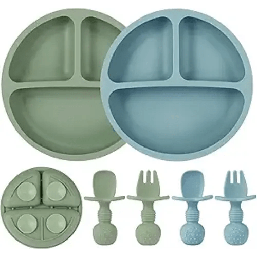Eascrozn 2 Pack Baby Plates with Suction, 2 Pack Silicone Forks and Spoons Set, Baby Led Weaning Supplies, BPA Free, Toddler Utensils for Feeding Essentials