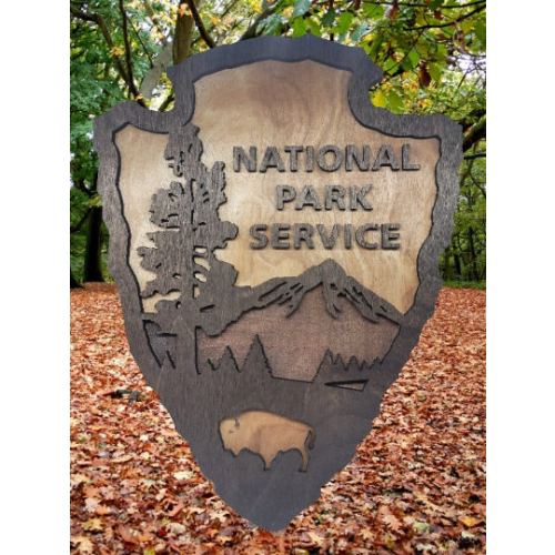 National Park Service Arrowhead - NPS inspired sign, custom layered laser cut laser engraved, outdoor, wilderness enthusiast