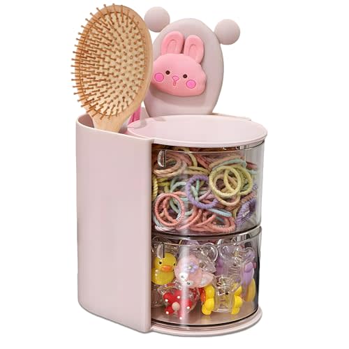 Azurphoric Hair Accessories Organizer with Hair Brush Holder, Rotatable Makeup Brush Holder for Necklaces, Earring, Bracelet, Ring, Makeup Brushes, Hair Clip and Hair Accessories (Pink, 2-Layer)