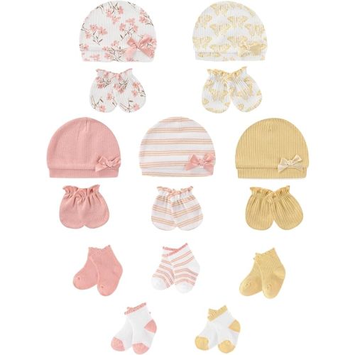 Baby Hats Mittens and Socks Set Soft Cotton Newborn Hat Glove for Boys Girls 0-6 Month