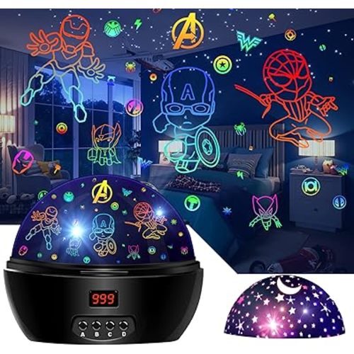 Kid Light Projector Superhero Toys for Boys 5-7 Avengers Night Light Projector with Timer for Kids Room, 360 Degree Rotation Toddler Nightlights with Spiderman Figurine Star Lamps