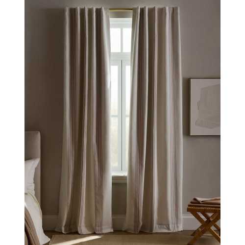 Coastal Stripe Linen Cotton True Blackout Curtian in Ivory/Natural