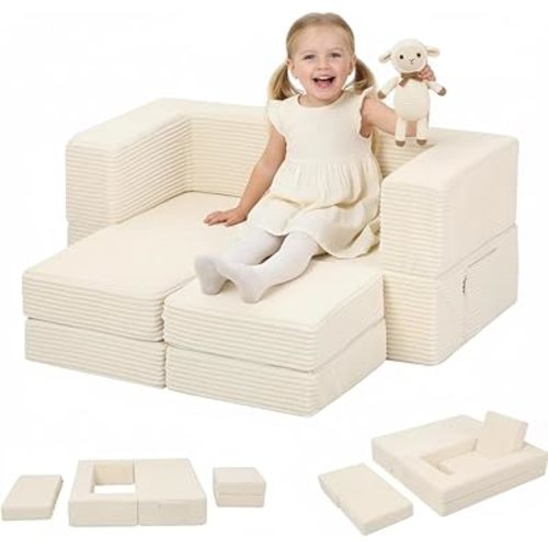 MeMoreCool Modular Kids Couch, Corduroy Play Toddler Couch for Bedroom Playroom Furniture, Convertible Foam Kids Sofa Bed, Fold Out Baby Sofa for Girl Boy, Beige