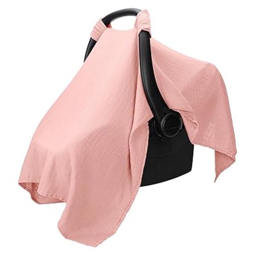 Comfy Cubs Baby Car Seat Cover - Soft, Breathable Bamboo Rayon and Muslin Cotton Blend - Lightweight Canopy for Sun, Bug, and Comfort Protection - Large Size Infant Seat Cover in Bold Blush Design