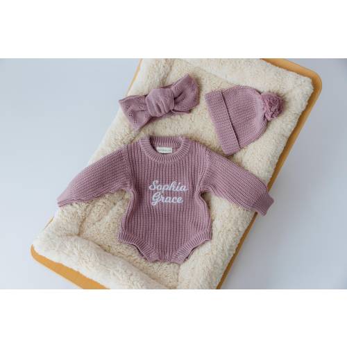 personalize embroider lavender baby girl chunky knit romper coming home photo announcement first outfit custom sweater name booties bow set
