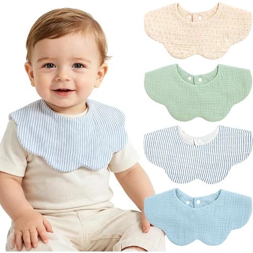 Muslin Baby Bibs, 4 Pack Bibs for Baby Boy, Adjustable 100% Cotton Soft Drool Bibs for Toddlers, Newborn Baby Bib for Drooling and Teething