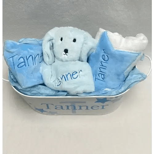 Baby gift tin – lovey, bib and burp set – stars | Kidoodles Inc