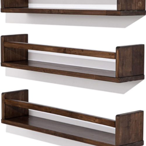 AZSKY Nursery Room Bookshelf and Shelves - Toddler Book Shelves (Set of 3), Deep Walnut Wood Wall Storage for Room Decor, Spice Rack Organizer for Kitchen