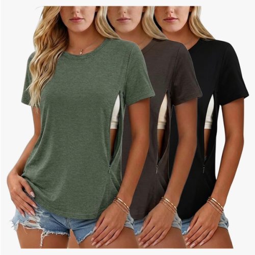 Ecavus Women's 3-Pack Nursing Shirts for Breastfeeding with Hidden Zippers Loose Fit Maternity Tops