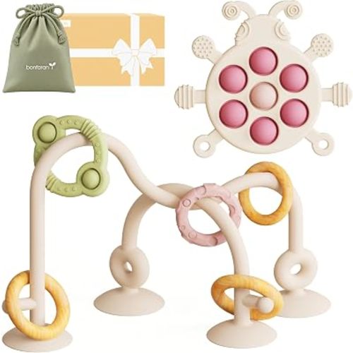 High Chair Suction Cup Toy & Teething Toy Set, Sensory Toy [Beige]