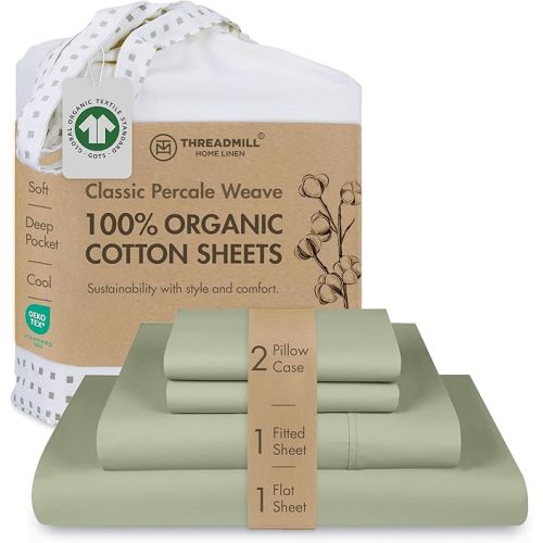 Threadmill Luxury Organic Cotton Sheets - GOTS Certified 4 Piece King Sage Green Percale Sheets Set, Breathable, Premium Sheet Set - Smooth & Cool Bedding Perfect Elastic Deep Pocket Fit