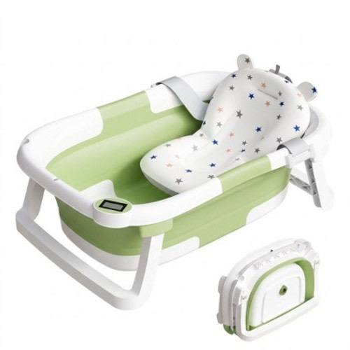 TUMAJUP Collapsible Baby Bathtub for Infants and Toddlers with Bath Net and Thermometer-Green