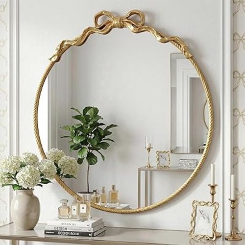 Antique Gold Bow Mirror - 30"x28" Vintage Ornate Rococo Mirrors for Wall, Retro Gold Bow Mirror with Metal Frame for Living Room, Bedroom, Nursery, Bathroom, Entryway, Hallway
