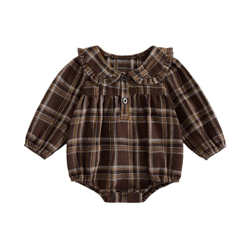 Baby Girl Plaid Romper Onesie Vintage Long Sleeve Bubble Fall Bodysuit | Retro Fall Plaid Baby Bubble Romper With Ruffle Peter Pan Collar. Soft Woven Cotton, Vintage Autumn Outfit For Infant Girls