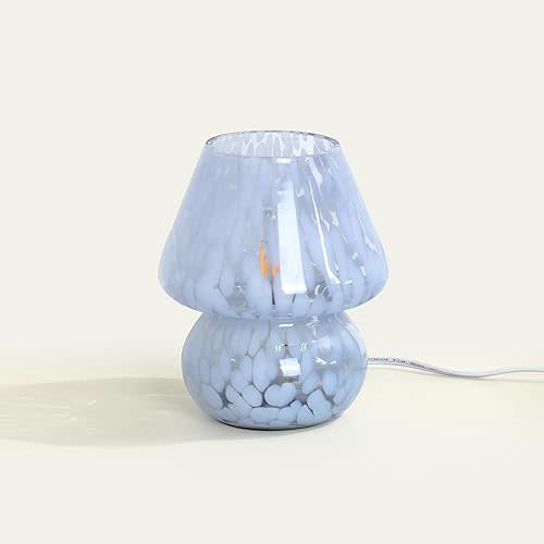 ONEWISH Mushroom Lamp Small Bedside Table Lamp-Nightstand Nightlight Dimmable Stepless, Translucent Glass Desk Lamp for Bedroom Dorm Living Kitchen, Murano Style Aesthetic Cute Home Decor(Blue)
