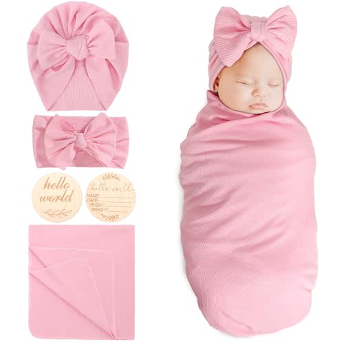 DRESHOW BQUBO Baby Girl Newborn Receiving Blankets with Bow Hat Headband Wooden Birth Announcement Card Set Newborn Baby Swaddle Wrap Set Warm Shower Gift