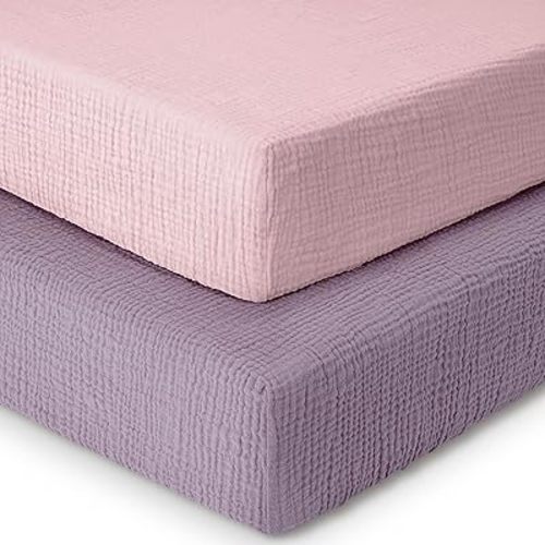 Dreamology Muslin Crib Sheet, for Baby Girls,Boys,2 Pack, Soft, Standard Crib Sheet,100% Cotton Crib Sheets for Standard Cribs, Toddler Bed Sheets, 52x28 Crib Sheets | Purple,Pink