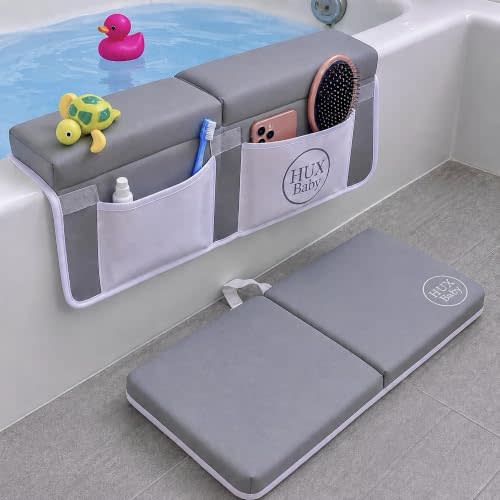 Comfortable Baby Bath Kneeler and Elbow Rest Pad Set, Non-Slip Bathtub Kneeling Pad for Bathing Baby, Bath Tub Cushion Mat, Elbow Pads, Toy Organizer Storage Pockets, Strong Suction Cups