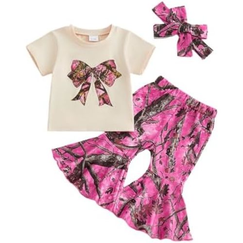 Gaono Toddler Baby Girl Hunting Camo Outfits Mallard Duck Print T-shirt Camouflage Flare Pants Set Bow Bell Bottom Outfit