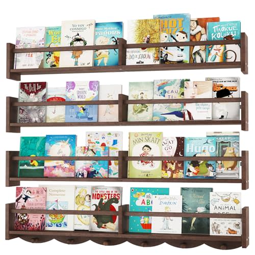 ECOOCE 34Inch Nursery Bookshelves,Set of 4,Wall Floating Shelf Kids Coat Rack with 6Hooks,Hanging Book Shelf for Baby Nursery Room Décor (Dark Brown, 34)