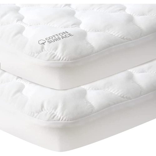 Pack and Play Mattress Pad Protector 2 Pack Waterproof, Cotton Fabric Absorbent, Soft Pack and Play Sheets, Fits Graco Play Yards, Baby Portable Mini Cribs. Foldable Mini Crib Sheets Cover