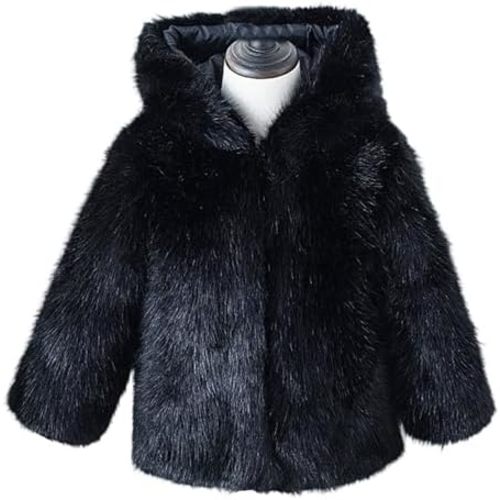 Toddler Girls Winter Fleece Coat Kids Faux Fur Hooded Jacket Baby Warm Outwear Windproof Fuzzy Furry Overcoat