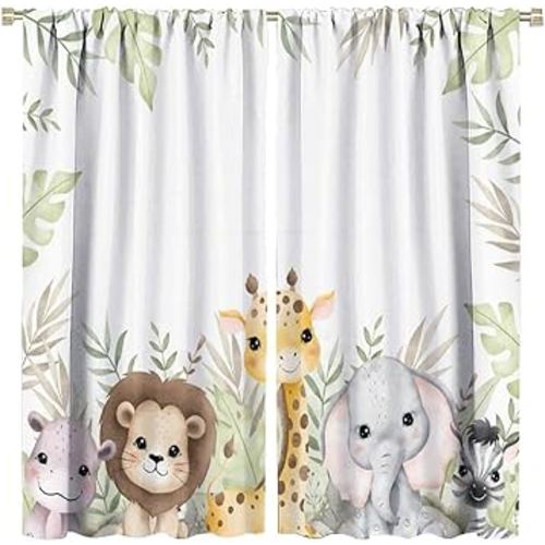 Nursery Curtains Jungle Safari Theme with Giraffe Print, Kids Room Classroom Decor, 42x45 Inches, 75% Blackout Fabric for Baby Nursery, Animal Cub Design, Easy Install & Machine Washable