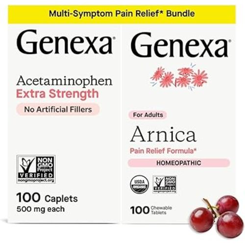 Genexa Adult Pain Relief Bundle | 500mg Acetaminophen Caplets + Homeopathic Arnica Chewables | Fast Relief for Headache, Joint & Muscle Pain | OTC + Homeopathic Combo | No Dyes or Artificial Additives