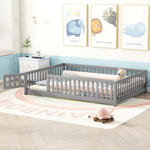 DNYN Full Size Floor Bed for Kids Bedroom,Solid Wood Bedframe w/Door/Safety Guardrails/Wood Slat Support/Easy Assemble/Space Saving Design/No Box Spring Needed, Gray