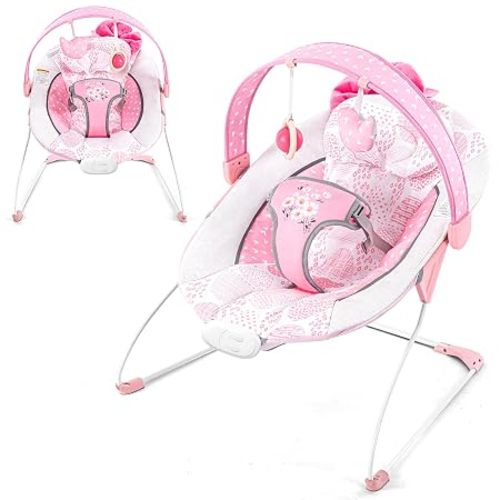 Baby Bouncer with Music, Portable Infant Bouncer for 0-6M, AskCat Pink Bow