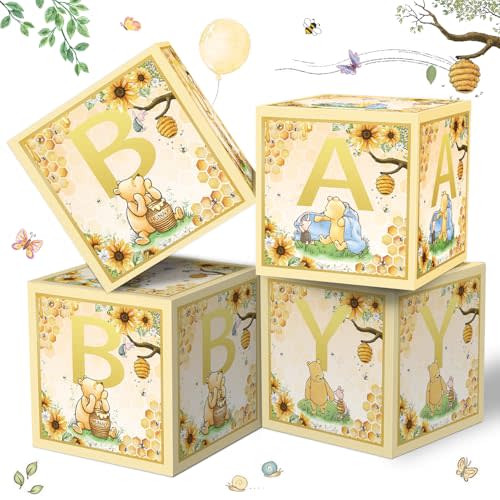 4 Pcs Bear Baby Boxes with Letters for Baby Shower Baby Shower Decorations Bear Box Blocks Gender Reveal Decorations (Yellow)