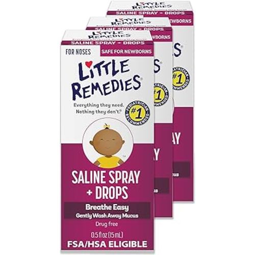 Little Remedies Sterile Baby Saline Nasal Spray and Drops, Safe for Newborns to Relieve Stuffy and Dry Noses, 0.5 Fl Oz, Pack of 3