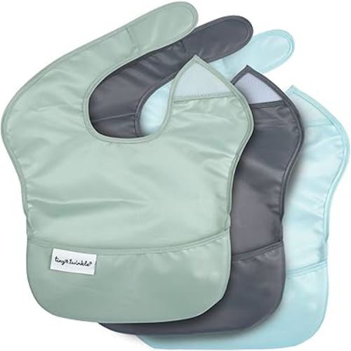 Tiny Twinkle Mess Proof Baby Bibs for Eating - Waterproof, Wipeable Bibs - Toddler Bibs - Travel Friendly - PFAS, PVC, BPA, Phthalate Free - Baby Food Bibs (3 Pack,Sage, Charcoal)