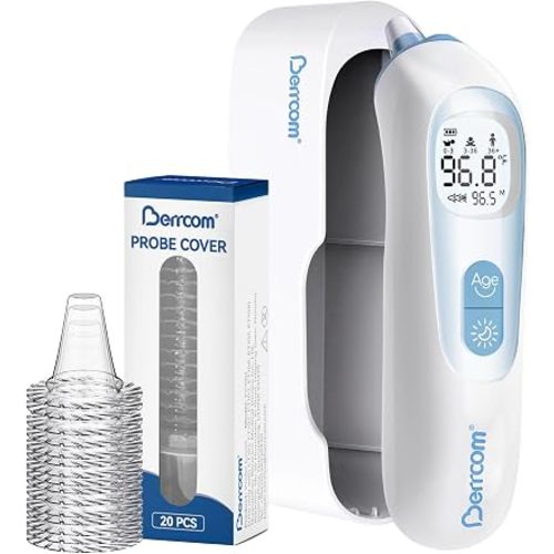 Berrcom Digital Ear Thermometer with Heated Tip, 1-Second Accurate Reading for All Ages, Fever Alarm with Mute & Night Light, Includes 21 Probe Covers & Storage Box