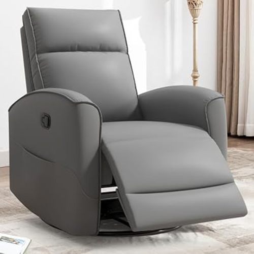 CANMOV Rocker Recliner Chair,360°Swivel Nursery Glider Recliner,Manual Recliner Sofa with Padded Armrest and Backrest,Leather Recliner for Small Spaces,Living Room,Bedroom (Grey)