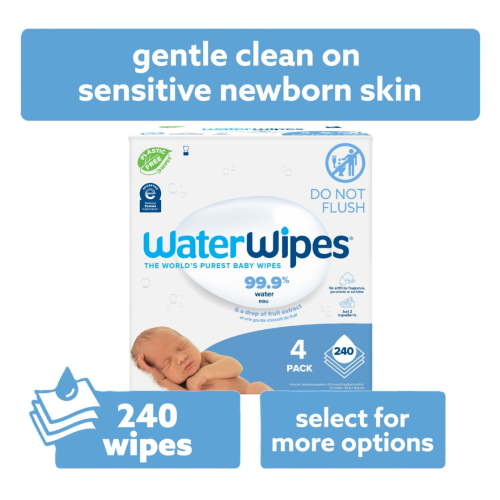WaterWipes Natural Non-Fragrance Baby Wipes, 99.9% Water Based, 4 Packs (240 Wipes)