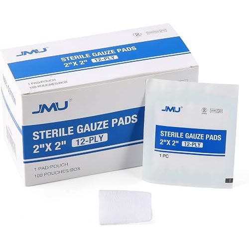 JMU Sterile Gauze Pads 2x2, 100 Pack, 12-ply Woven Sponges Cotton Medical
