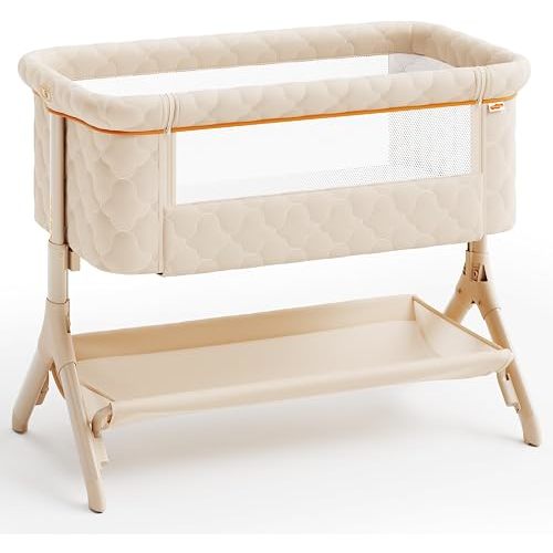 Pamo babe Bedside Bassinet for Baby, 3-in-1 Foldable Travel Bassinet with Wheels, Portable Baby Bassinet Adjustable Height, Storage Bag, Baby Bedside Sleeper Ideal Gift for Newborn Parents (Beige)