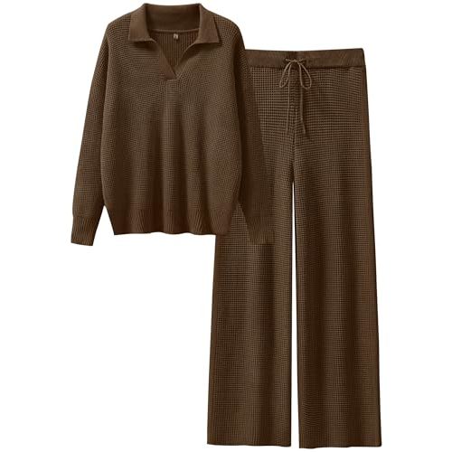ANRABESS Women Two Piece Outfits Sweater Sets Lounge Waffle Knit Pullover Matching Wide Leg Pants Tracksuit 2025 Fall Fashion