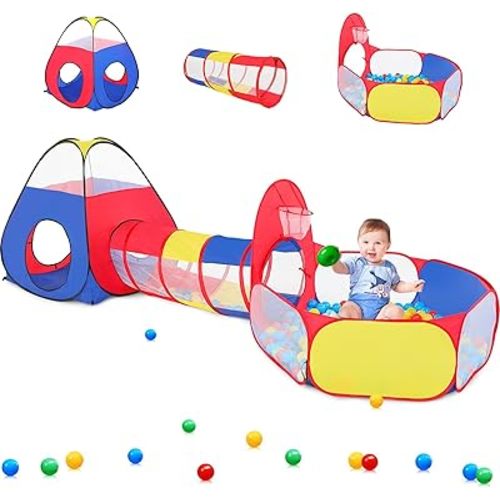 PigPigPen 3 in 1 Kids Play Tent with Play Tunnel, Ball Pit, Basketball Hoop for Boys & Girls, Toddler Pop Up Playhouse Toy for Baby Indoor/Outdoor, Gift for Year Old Child (Colorful 3pc Play Tent)