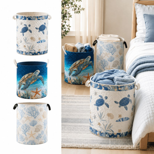 Turtle Quilted Laundry Basket, Cute Turtle Fabric Hamper, Collapsible Storage Basket for Clothes, Toys and Blankets, Portable Home Organizer, StyleC M